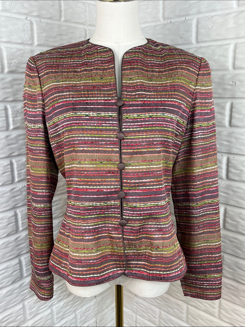 ADRIANNA PAPELL VINTAGE SILK STRIPED COLLARLESS BEADED JACKET 100% SILK SZ 6